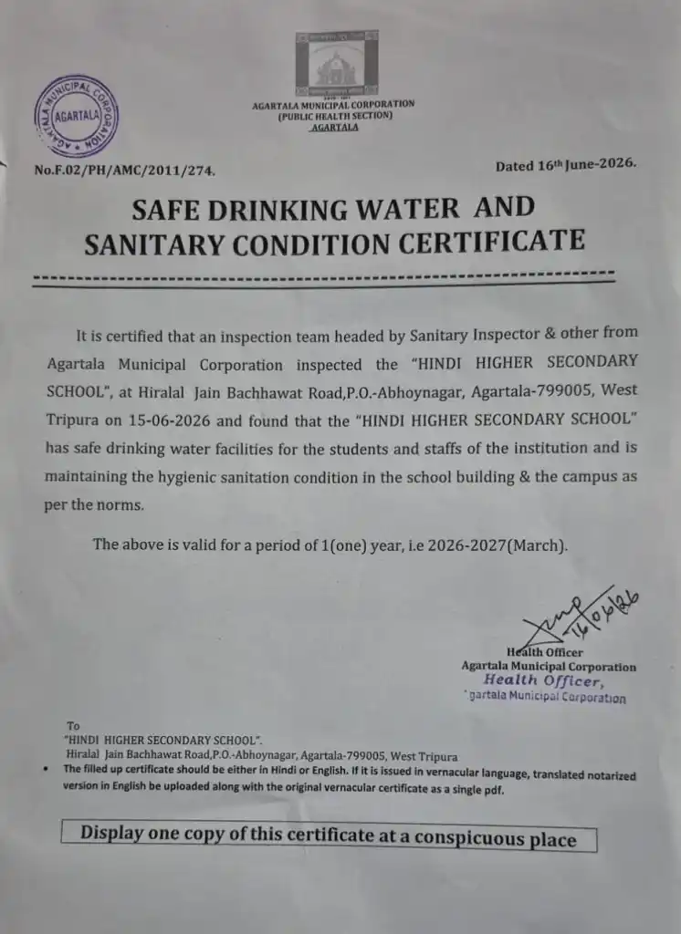 Safe Drinking Water and Sanitary Condition Certificate