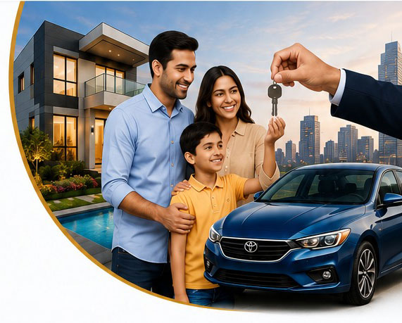Happy family holding new car and house keys